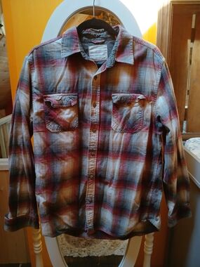 Weatherpoof Vintage Men's Plaid Button-Up Shirt in Burgundy, Cream & Blue